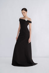 Off-Shoulder Wool Blend Maxi Dress With Draped Back and Side Slit Detail